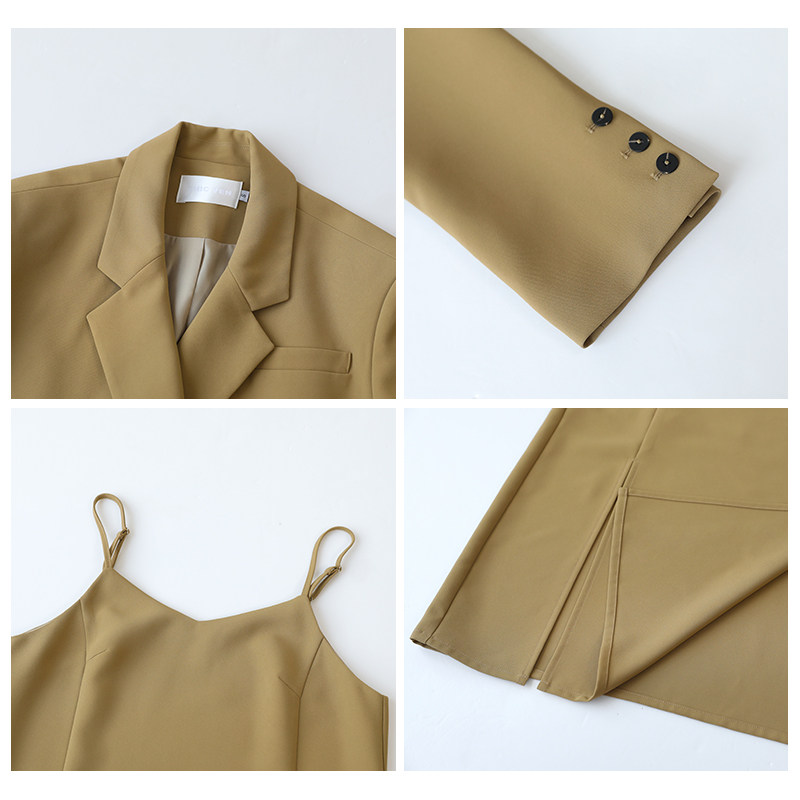 CV大码女装 早秋复古气质双排扣西装外套开叉V领吊带连衣裙套装秋,淘宝优惠券,粉丝福利购,淘宝优惠卷