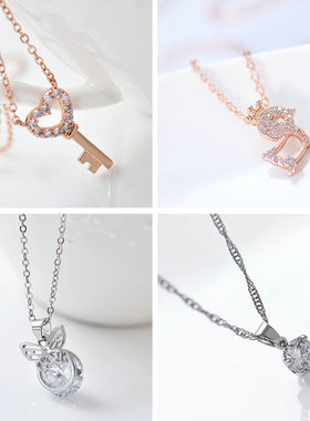 学生颈链四叶草爱心人工锆石吊坠