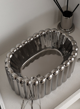 极简意式轻奢椭圆条纹陶瓷收纳盘