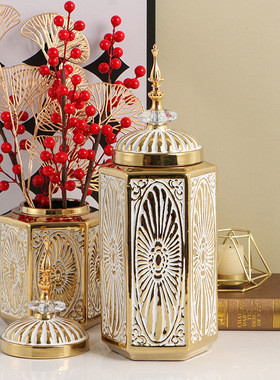 欧式奢华金色浮雕图腾陶瓷装饰罐