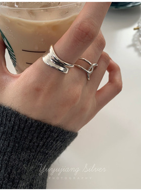 包邮韩版S925镀银线条交叉戒指女复古几何不规则凹凸开口指环气质