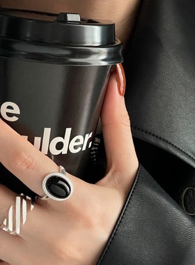 包邮高级感黑色椭圆戒指女简约线条个性时髦S925镀银开口指环嘻哈