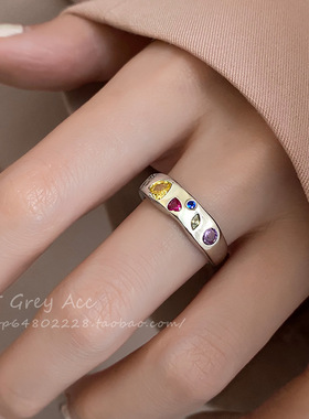 高级感彩色爱心锆石戒指女法式复古气质S925银开口指环甜酷食指戒