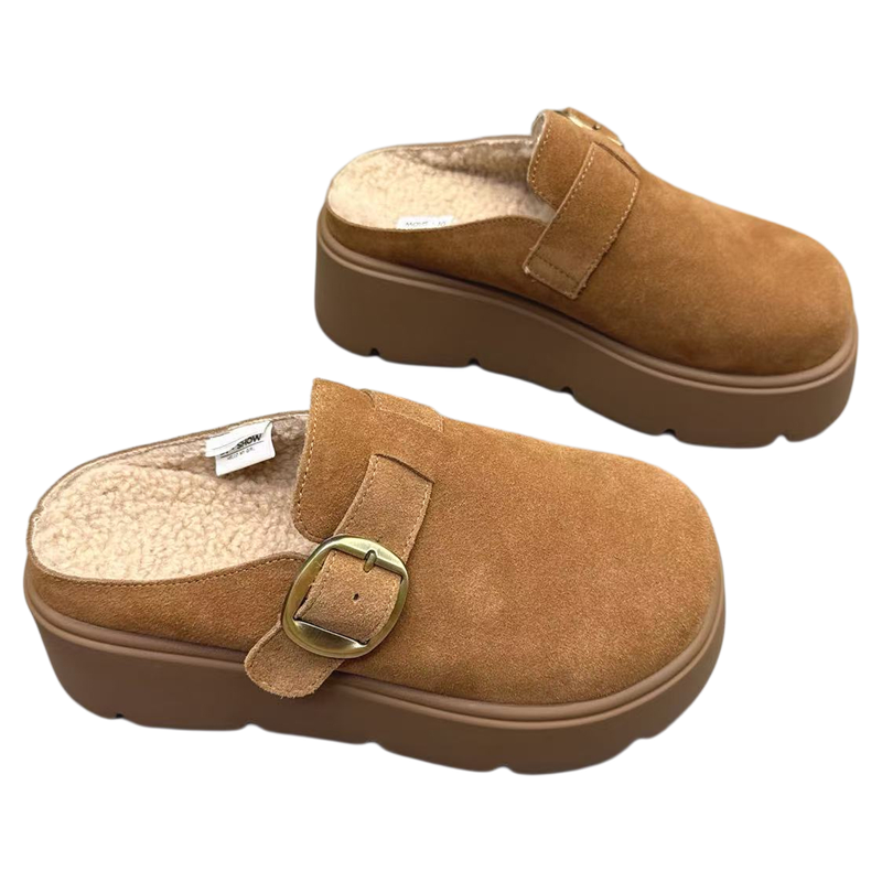 真皮女鞋厚底增高6CM加绒包头半拖鞋2025冬新款外穿保暖勃肯拖鞋 - 图3