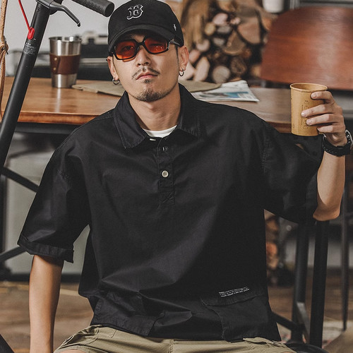 大码美式重磅复古工装衬衫男士短袖夏季潮牌重磅T恤男夏季POLO衫 - 图0