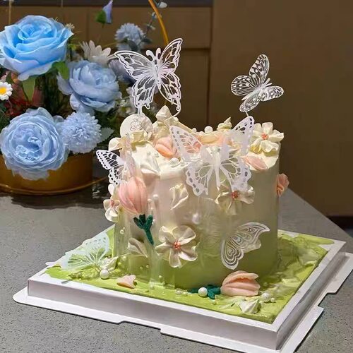 仙女蛋糕装饰唯美山谷风蝴蝶插件ins郁金香刮刀花女神生日装扮 - 图1