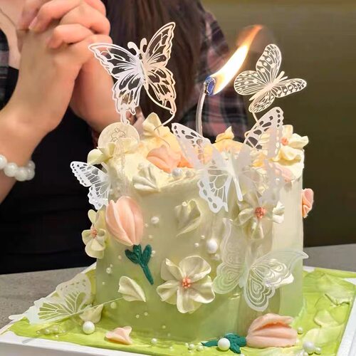 仙女蛋糕装饰唯美山谷风蝴蝶插件ins郁金香刮刀花女神生日装扮 - 图0