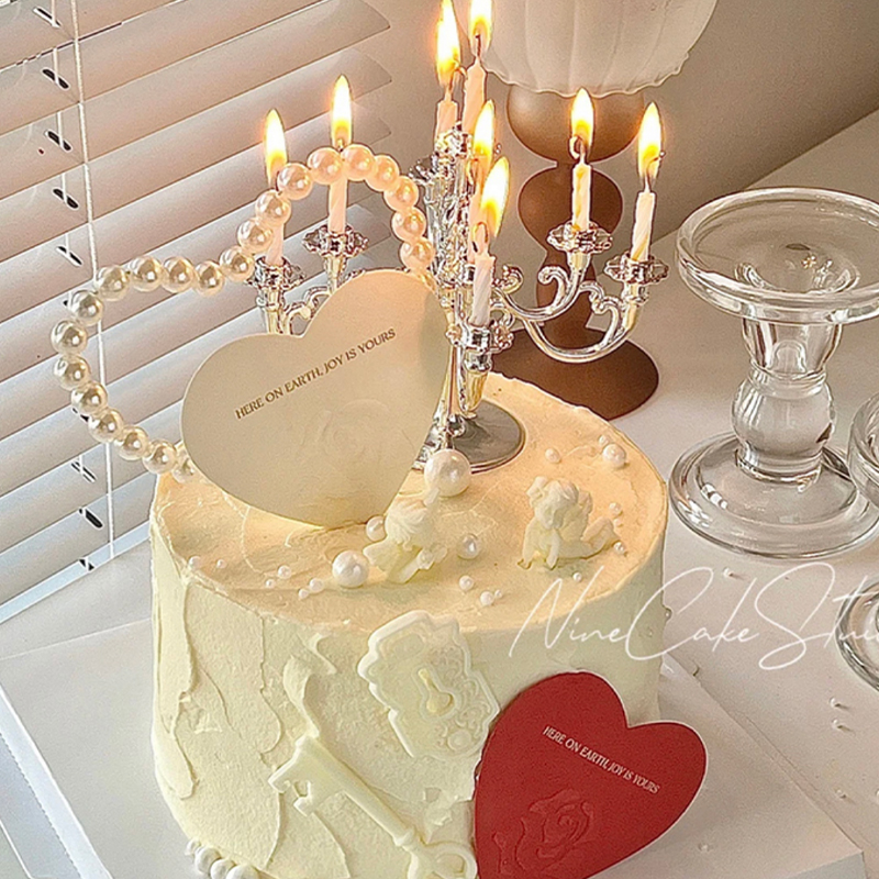 网红2025情人节蛋糕装饰珍珠爱心插件浮雕玫瑰花卡片烛台2.14插牌