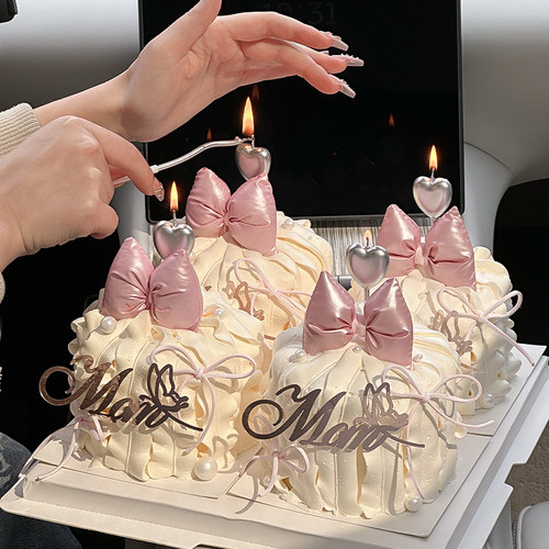 网红母亲节心形蜡烛小蛋糕装饰摆件MOM节日快乐亚克力蝴蝶结插件 - 图0