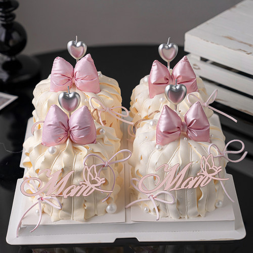 网红母亲节心形蜡烛小蛋糕装饰摆件MOM节日快乐亚克力蝴蝶结插件 - 图2