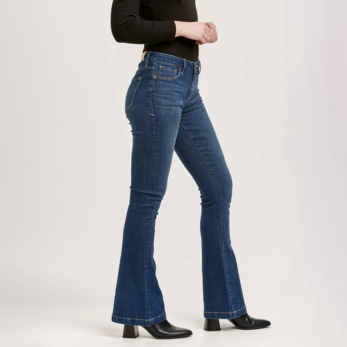 美式丹宁DJ 女款 深蓝洗水微喇弹力牛仔裤 D269 - 图2