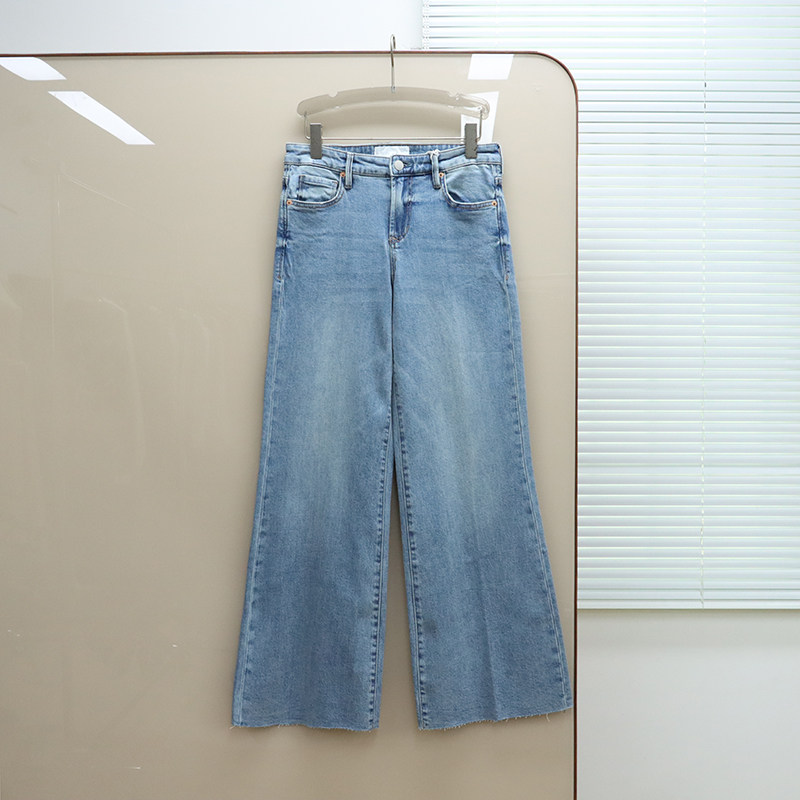 美式丹宁DJ 女款 浅蓝洗水中腰阔腿剪边牛仔裤 D277 - 图3