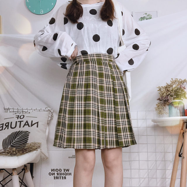 High-waist retro style plus size fat girl student mid-length skirt