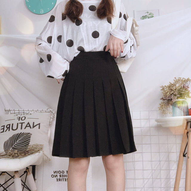 High-waist retro style plus size fat girl student mid-length skirt