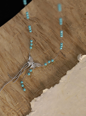 新中式小众轻奢蝴蝶项链精致大方高级范儿蓝色串珠不掉色毛衣链