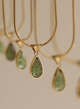 复古绿水滴蓝色海洋水晶项链