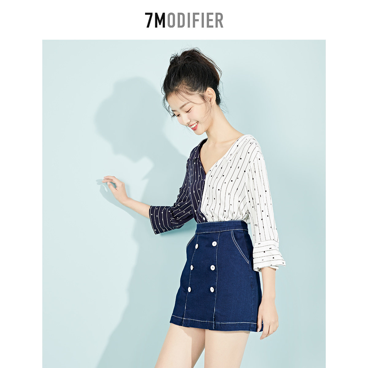 7m2020夏季百搭拼接七分袖条纹衬衫 7modifier衬衫