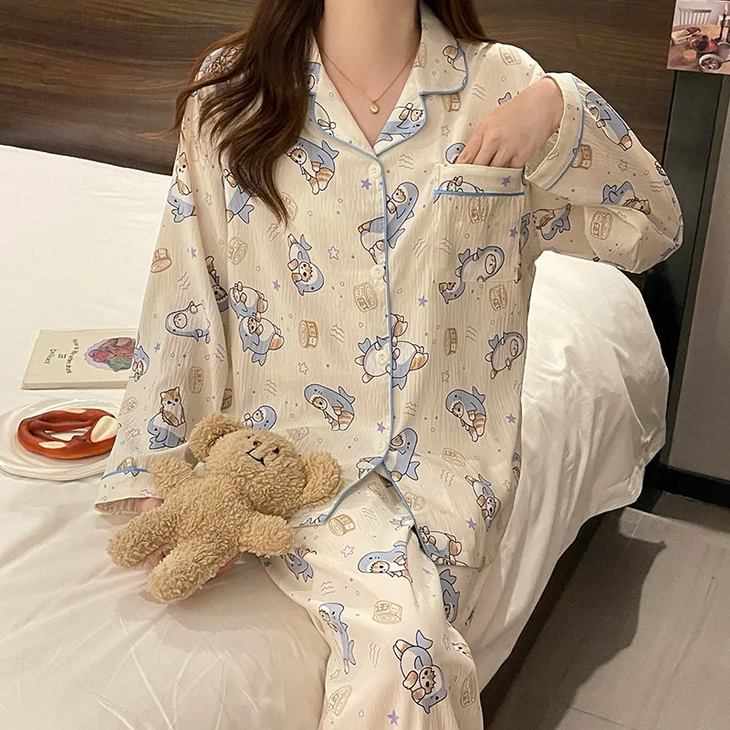 可爱鲨鱼睡衣女春秋款长袖长裤云朵棉套装网红卡通甜美外穿家居服,淘宝优惠券,粉丝福利购,淘宝优惠卷