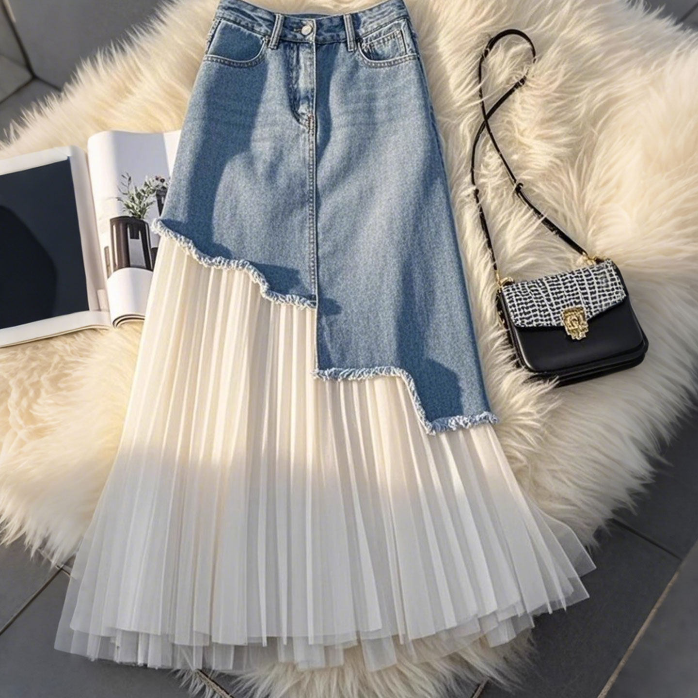 特大码女装胖mm不规则牛仔网纱拼接半身裙女高腰显瘦遮胯a字长裙,淘宝优惠券,粉丝福利购,淘宝优惠卷