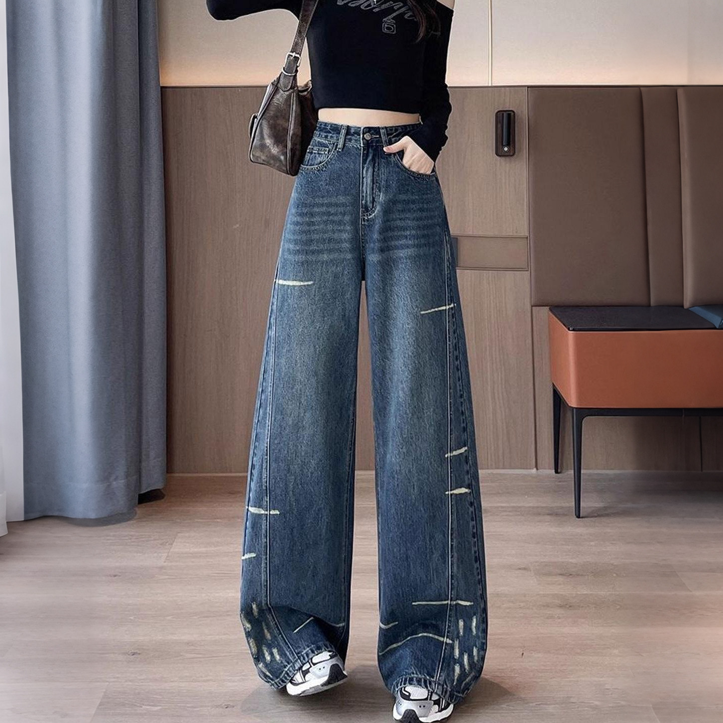 特大码女装胖mm复古磨破设计感阔腿牛仔裤女高腰显瘦加绒直筒裤,淘宝优惠券,粉丝福利购,淘宝优惠卷