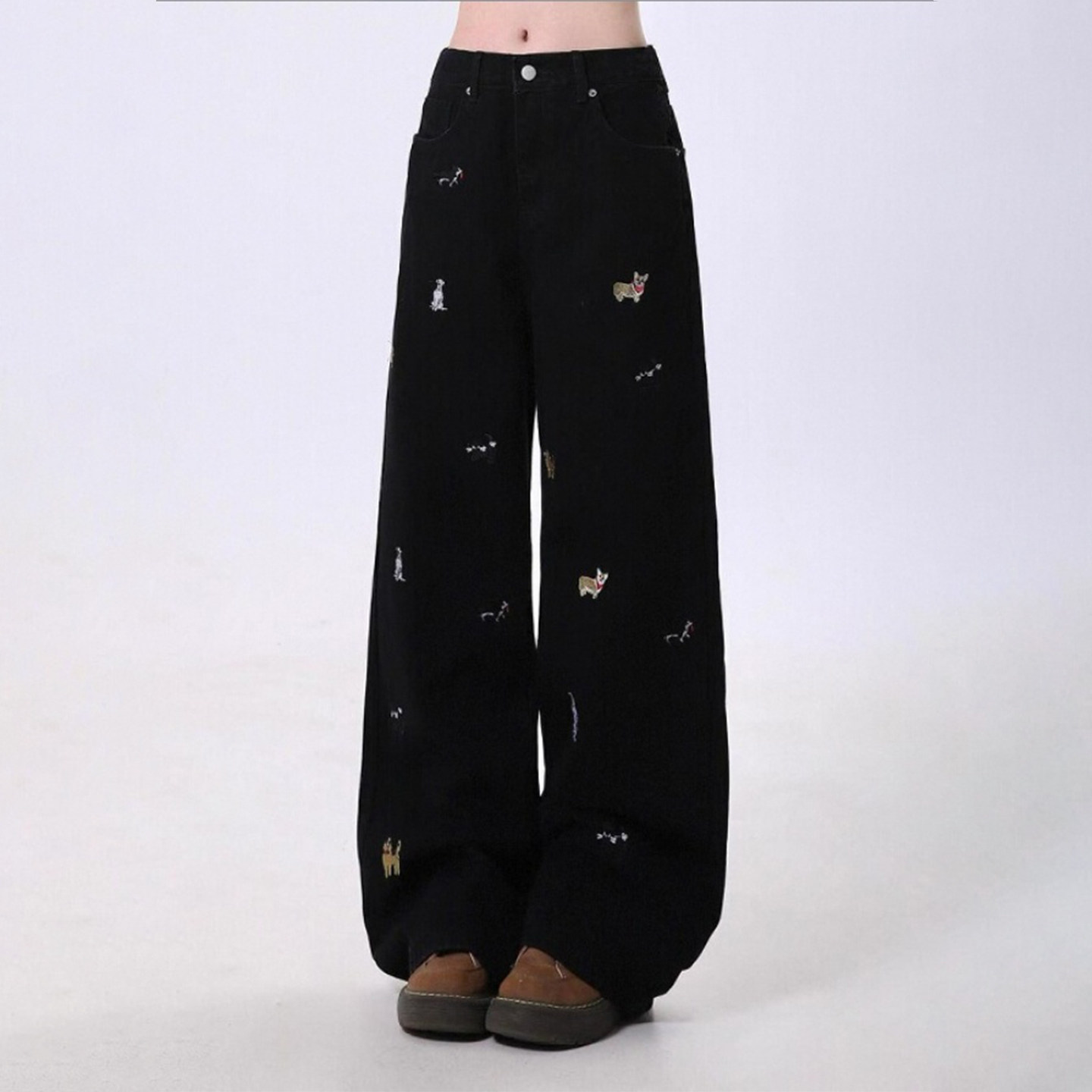 特大码女装胖mm美式复古刺绣黑色牛仔裤女高腰显瘦直筒阔腿裤子潮,淘宝优惠券,粉丝福利购,淘宝优惠卷