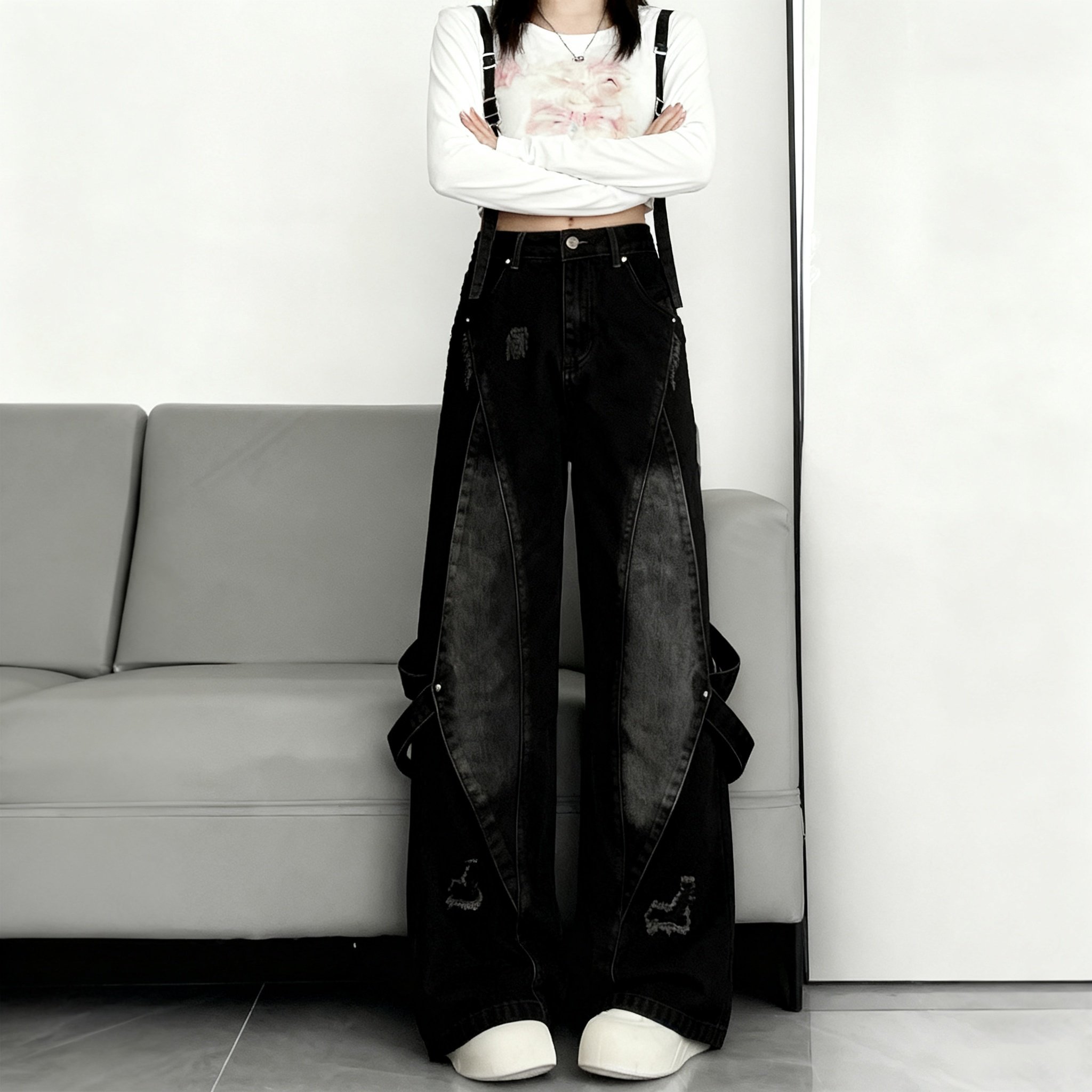 特大码女装胖mm复古水洗做旧拼接牛仔裤女高腰显瘦高街风阔腿长裤,淘宝优惠券,粉丝福利购,淘宝优惠卷