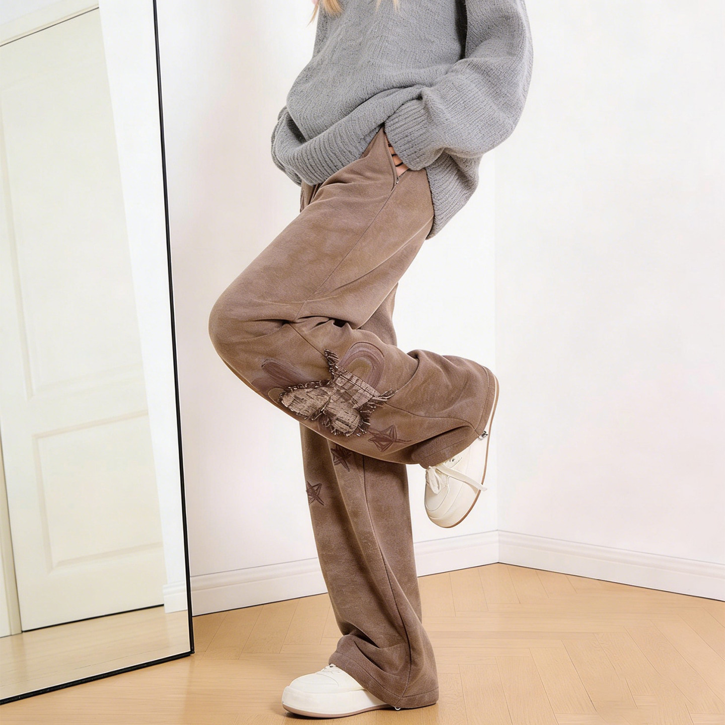 特大码女装胖mm梨型身材刺绣贴布阔腿裤女高腰显瘦百搭休闲直筒裤,淘宝优惠券,粉丝福利购,淘宝优惠卷