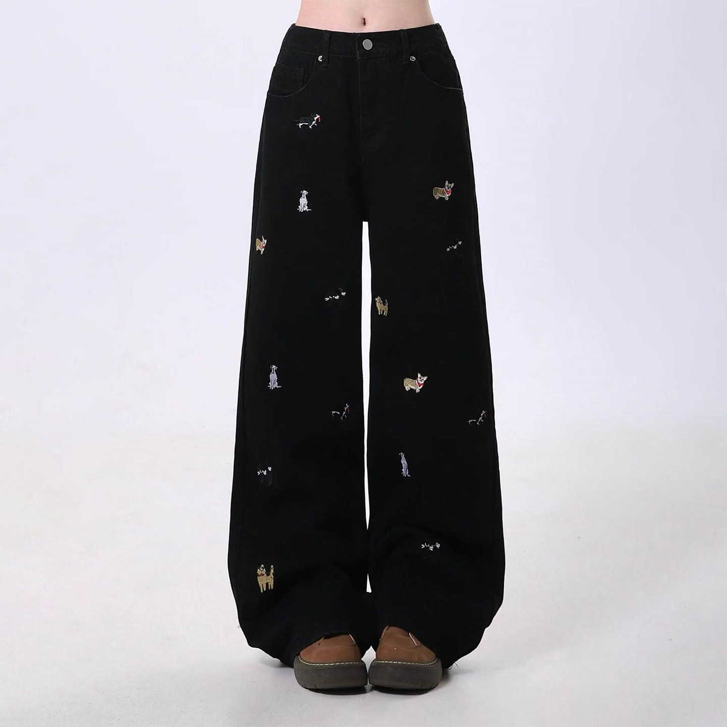 特大码女装胖mm美式复古刺绣黑色牛仔裤女高腰显瘦直筒阔腿裤子潮,淘宝优惠券,粉丝福利购,淘宝优惠卷