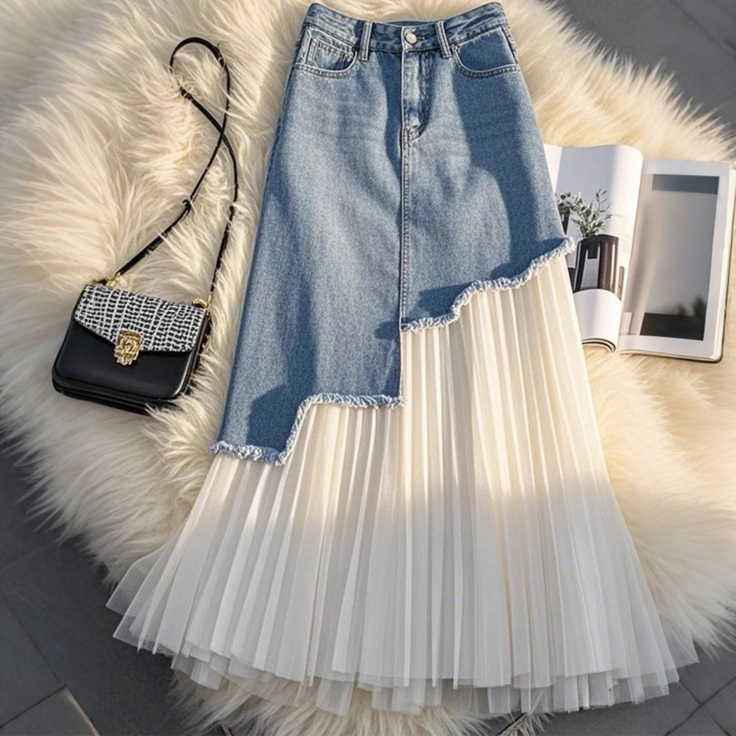 特大码女装胖mm不规则牛仔网纱拼接半身裙女高腰显瘦遮胯a字长裙,淘宝优惠券,粉丝福利购,淘宝优惠卷