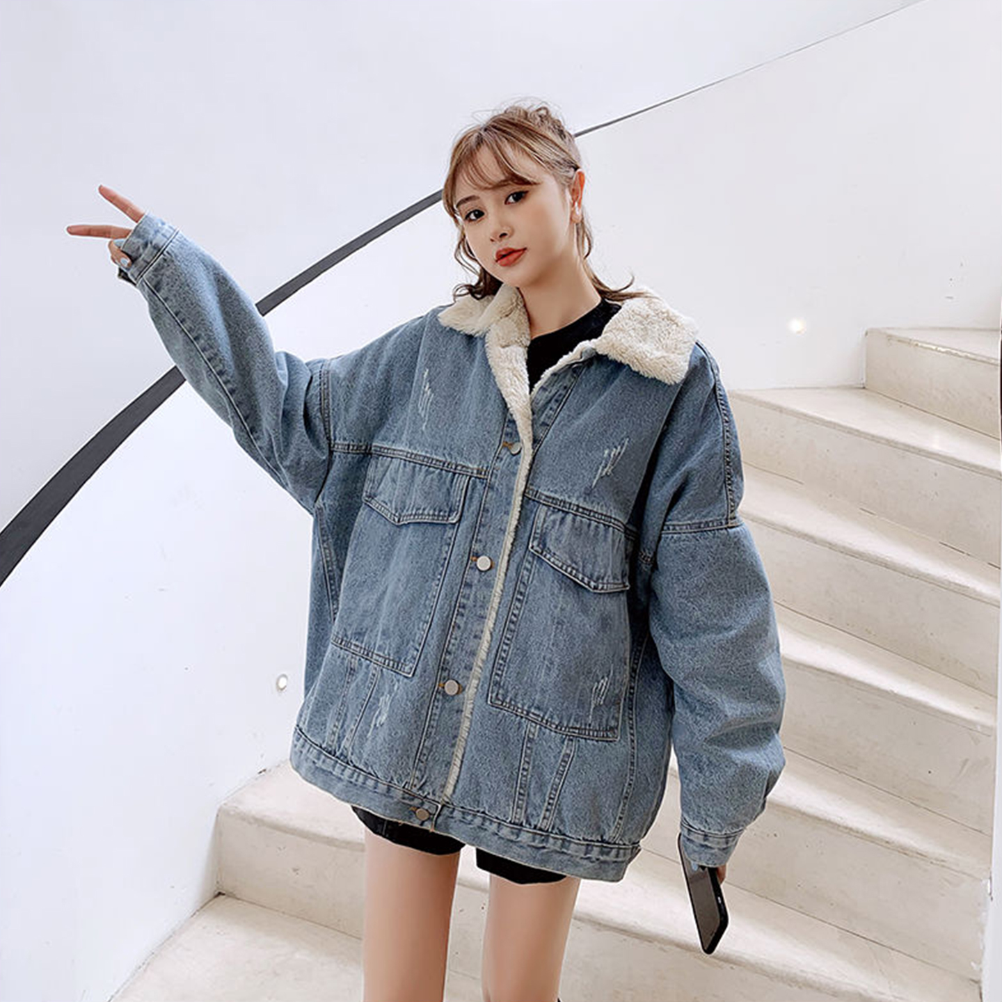 特大码女装胖mm加绒加厚领牛仔外套女宽松显瘦百搭时尚棉服棉衣潮 - 图2