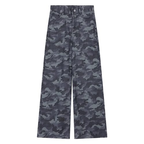 300斤胖mm大码女装美式高街迷彩牛仔裤女高腰显瘦垂感阔腿拖地裤 - 图3