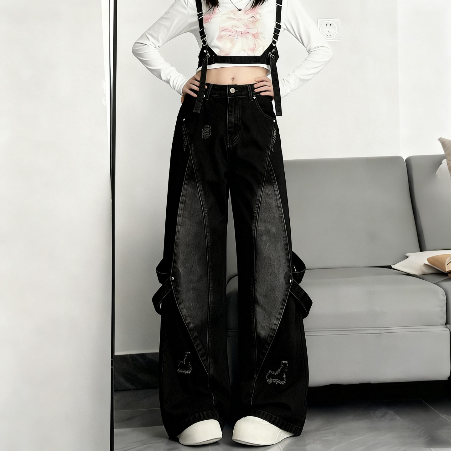 特大码女装胖mm复古水洗做旧拼接牛仔裤女高腰显瘦高街风阔腿长裤,淘宝优惠券,粉丝福利购,淘宝优惠卷