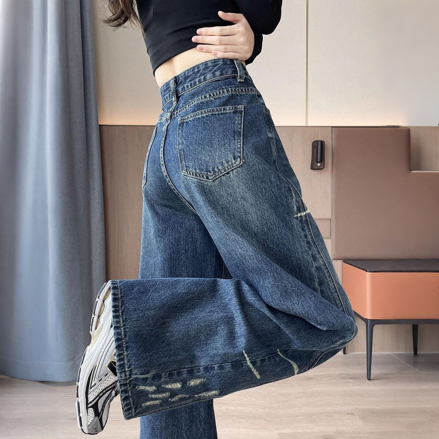 特大码女装胖mm复古磨破设计感阔腿牛仔裤女高腰显瘦加绒直筒裤,淘宝优惠券,粉丝福利购,淘宝优惠卷