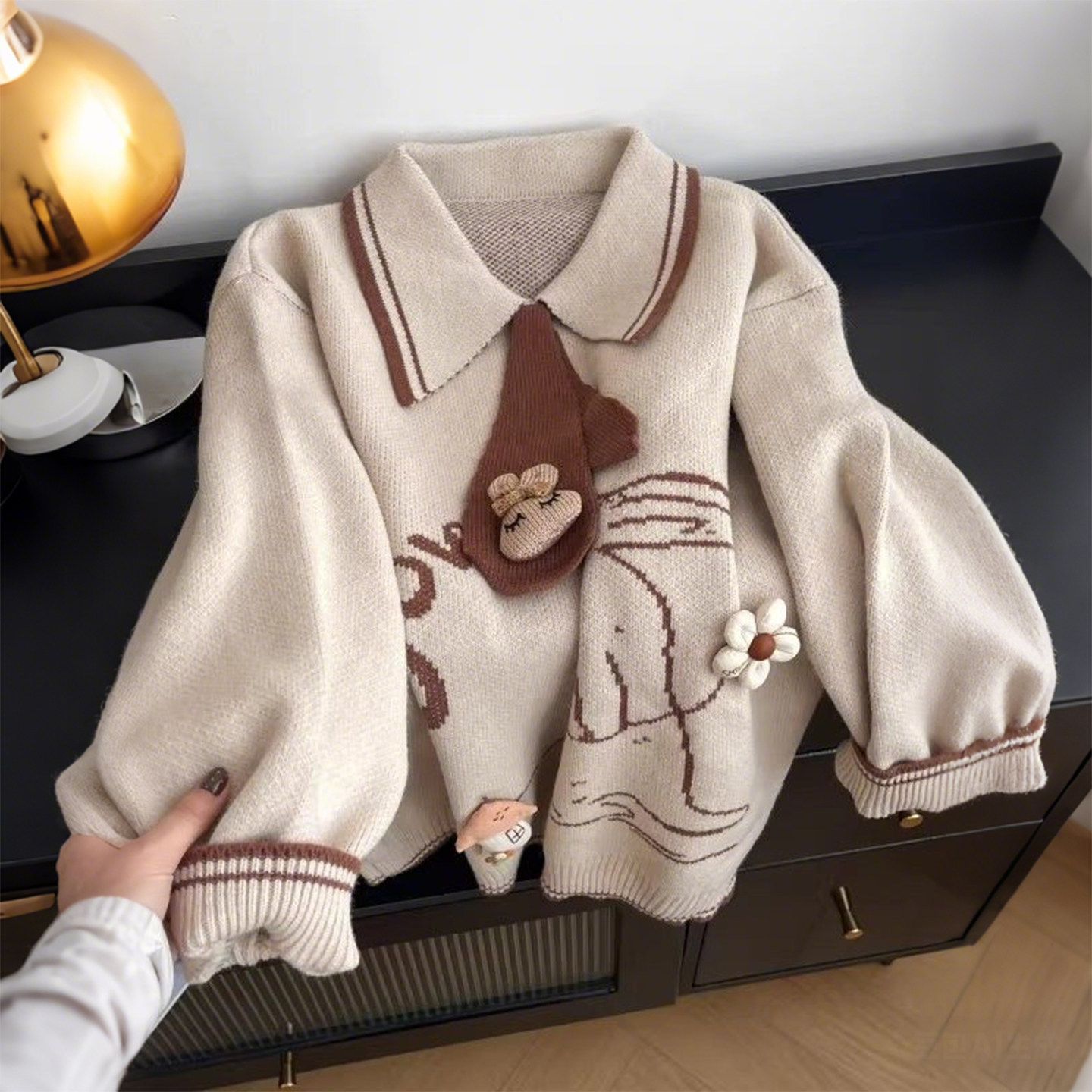 大码女装胖mm卡通设计感翻领针织衫女宽松显瘦慵懒风减龄毛衣上衣,淘宝优惠券,粉丝福利购,淘宝优惠卷