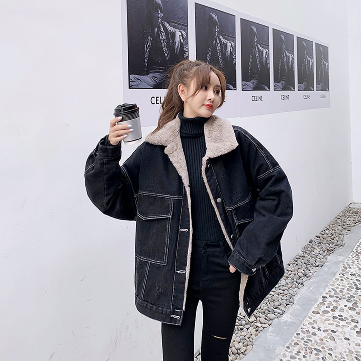 特大码女装胖mm加绒加厚领牛仔外套女宽松显瘦百搭时尚棉服棉衣潮 - 图1