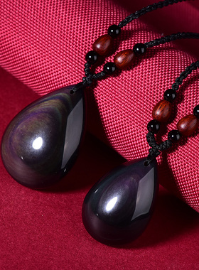 新品天然黑曜石水滴吊坠原石彩虹