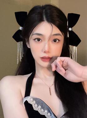 黑色蝴蝶结发夹水钻流苏发卡