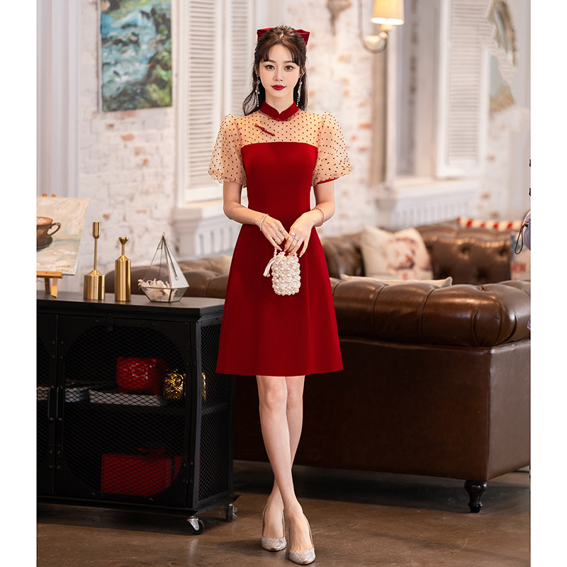 旗袍新娘平时可穿酒红色高级敬酒服 韩兰朵礼服/晚装