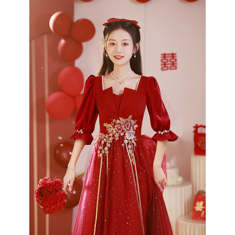 新中式2023新款新娘中国风纱裙酒红 韩兰朵礼服/晚装