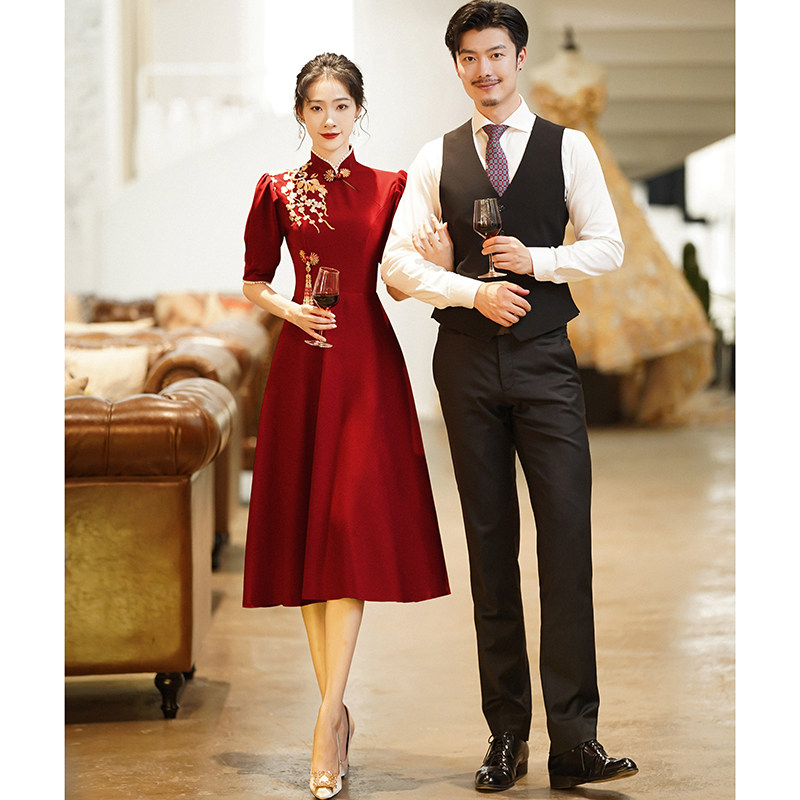旗袍新娘酒红色2021新款订婚礼服 韩兰朵礼服/晚装