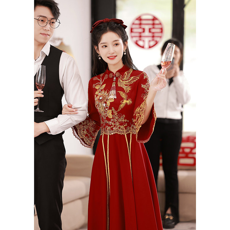 中式新娘2023酒红色夏季改良敬酒服 韩兰朵礼服/晚装