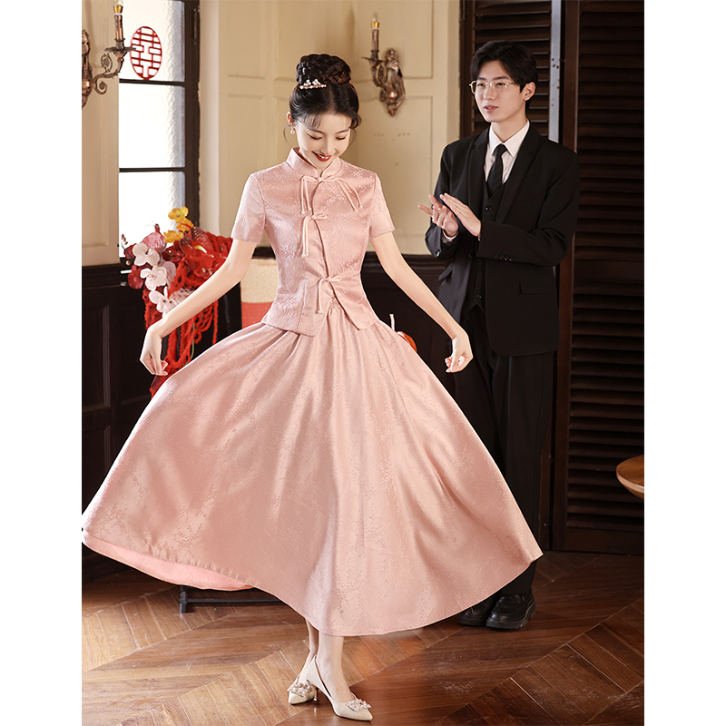 新中式敬酒服套装秀禾服新娘粉色平时可穿旗袍结婚伴娘服订婚礼服