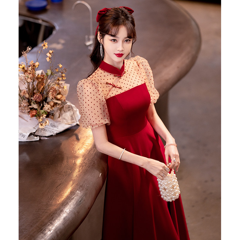 旗袍新娘平时可穿酒红色高级敬酒服 韩兰朵礼服/晚装