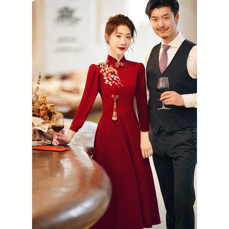 旗袍新娘酒红色2021新款订婚礼服 韩兰朵礼服/晚装