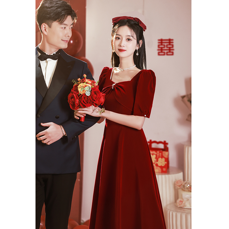 敬酒服2023新款新娘酒红色平时可穿夏季小个子订婚礼服回门连衣裙_虎窝淘