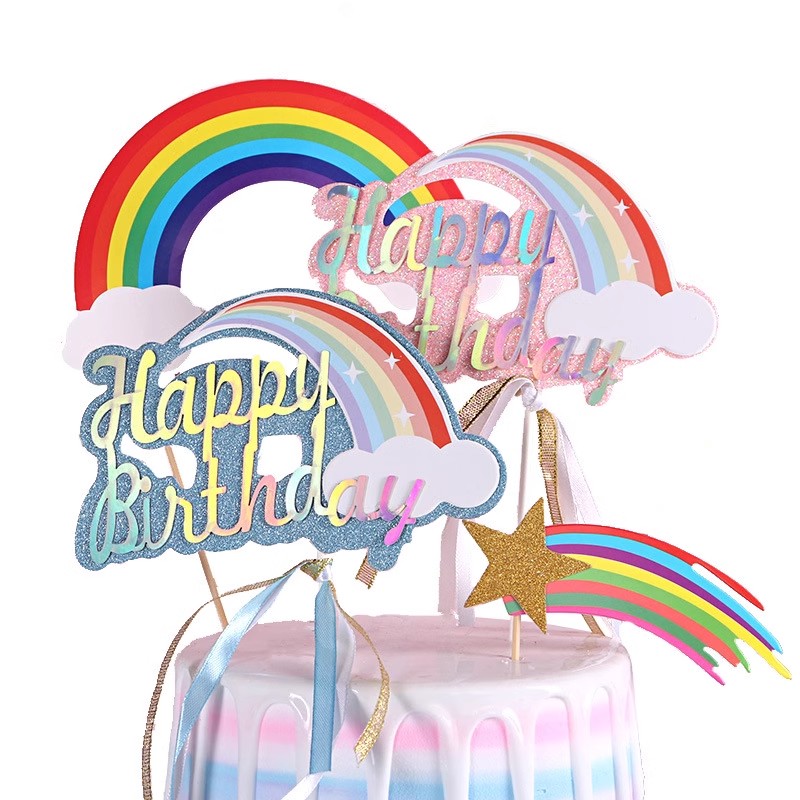 彩虹生日快乐插牌网红儿童宝宝周岁插件happy birthday蛋糕装饰