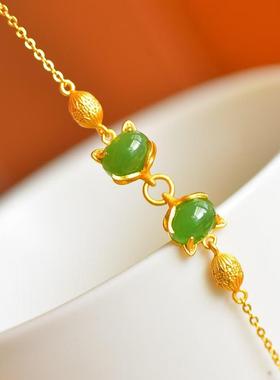 s925银镶和田玉碧玉蛋面狐狸手链