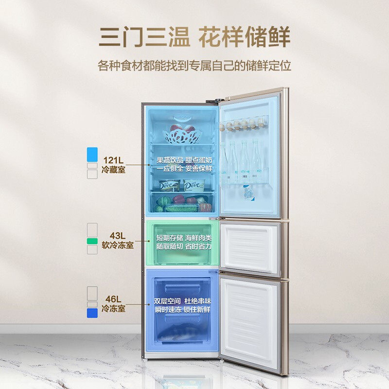 美菱210l三开门家用宿舍租房小冰箱 美菱冰箱冷柜厨房冰箱