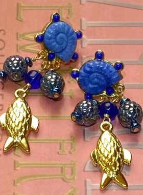 中古Vintage复古人鱼海螺不规则拼接蓝色琉璃个性海洋小众耳环