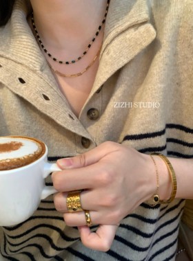 ZIZHI STUDIO复古黑色双层叠戴项链欧美极简双层18k金色锁骨链女